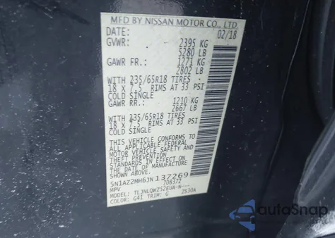 2018 Nissan Murano Sv from USA, damaged, VIN 5N1AZ2MH6JN137269